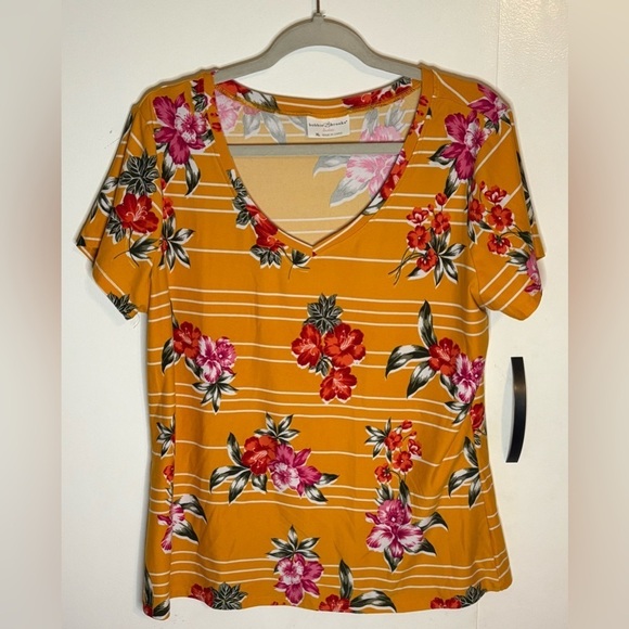 Bobbie Brooks Tops - Bobbie Brooks Women’s V Neck T-Shirt White Orange Striped Tropical Floral XL